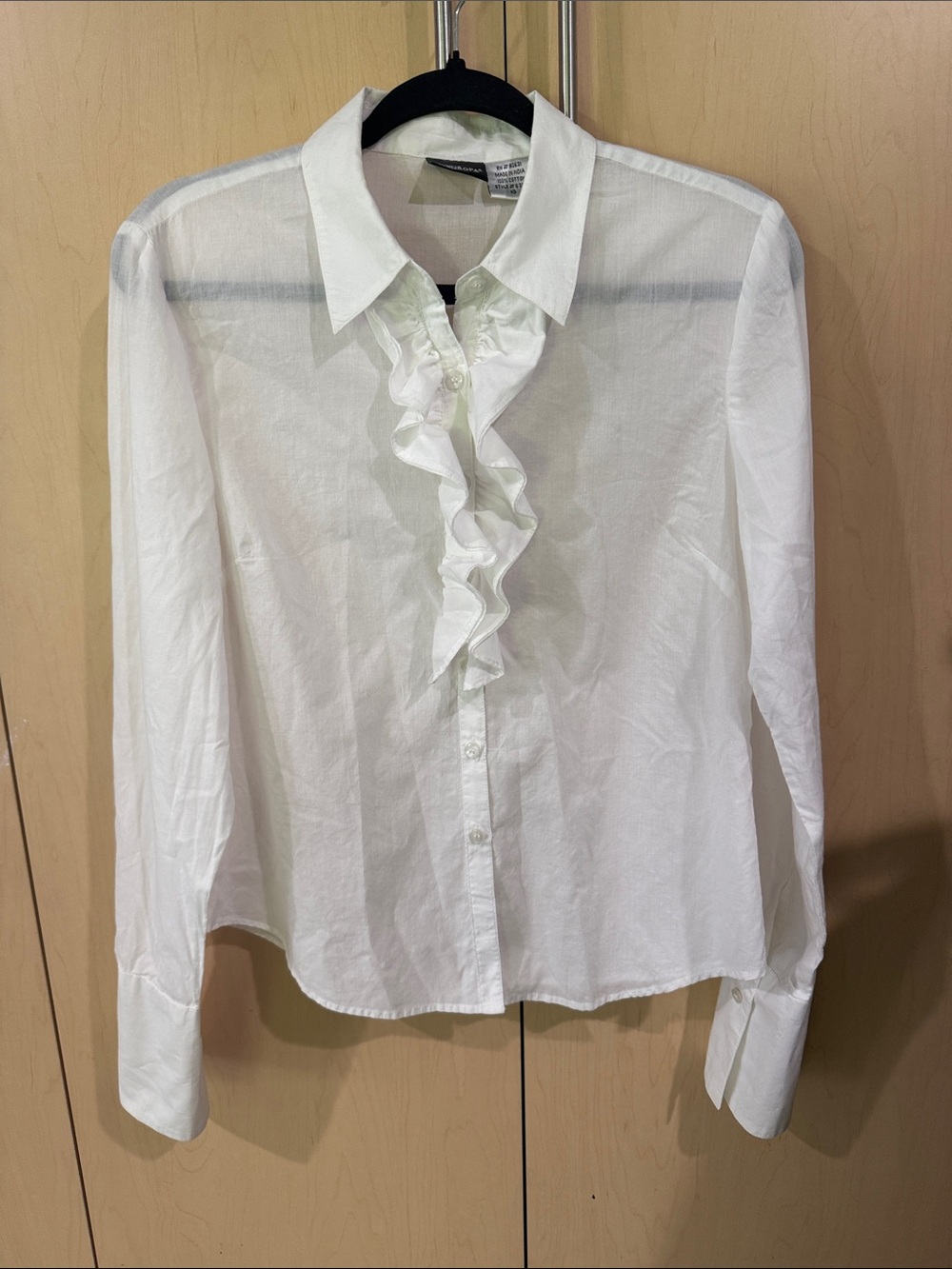 White Ruffle Front Button-Down Blouse